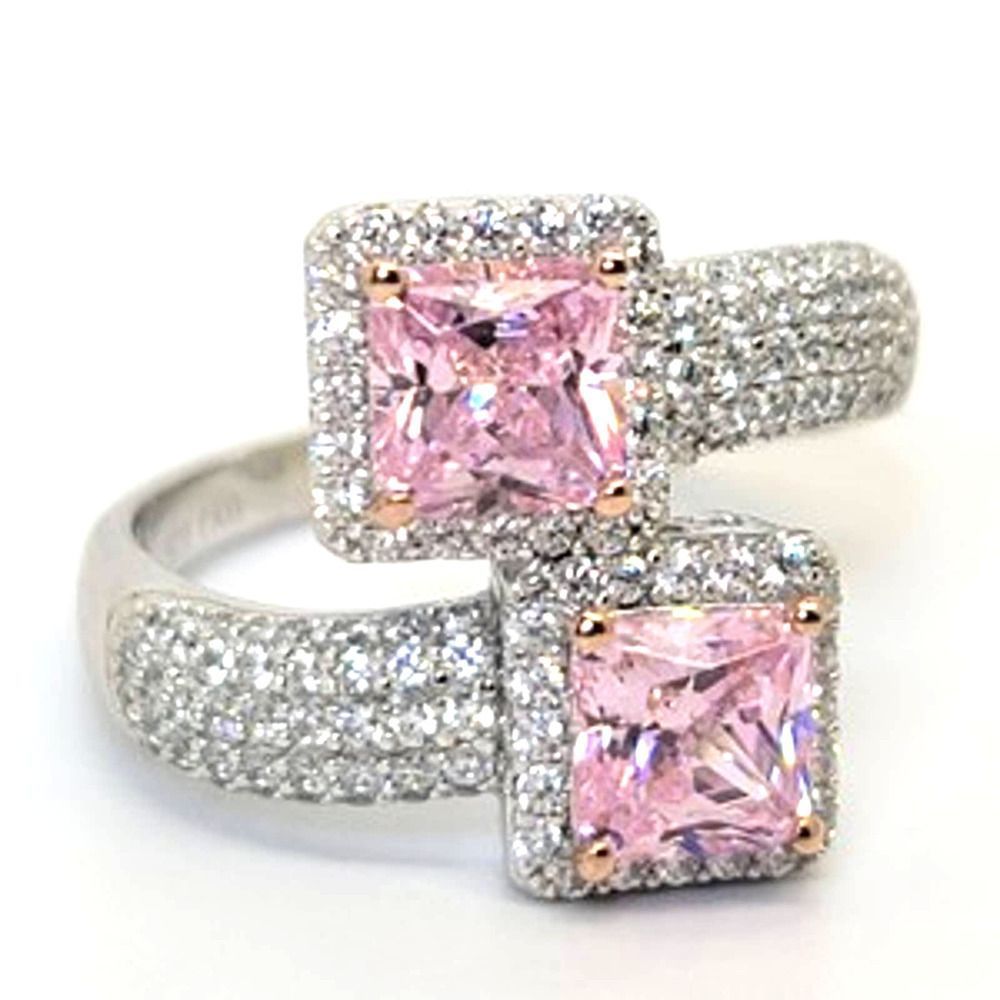 New Pink Princess Cut And White Round Diamond Simulant Bypass Ring S9 89$